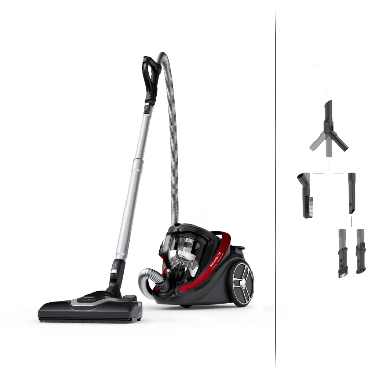 Rowenta Silence Force Cyclonic Effitech vacuum cleaner, black and red, with attachments.