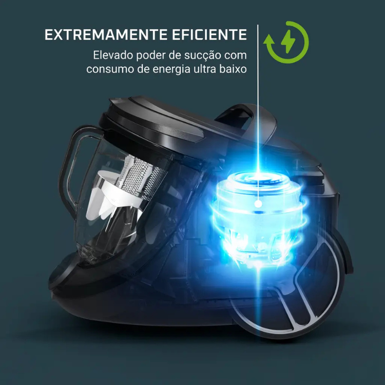 Rowenta Silence Force Cyclonic Effitech vacuum with glowing blue cyclone chamber and clear container.
