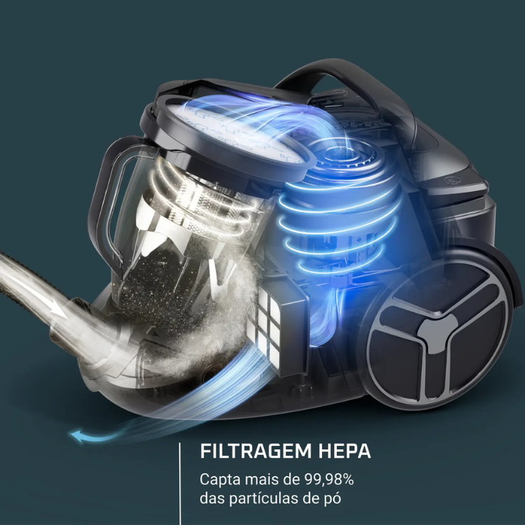Black Rowenta vacuum cleaner with transparent dust container and blue lights, showcasing HEPA filtration.