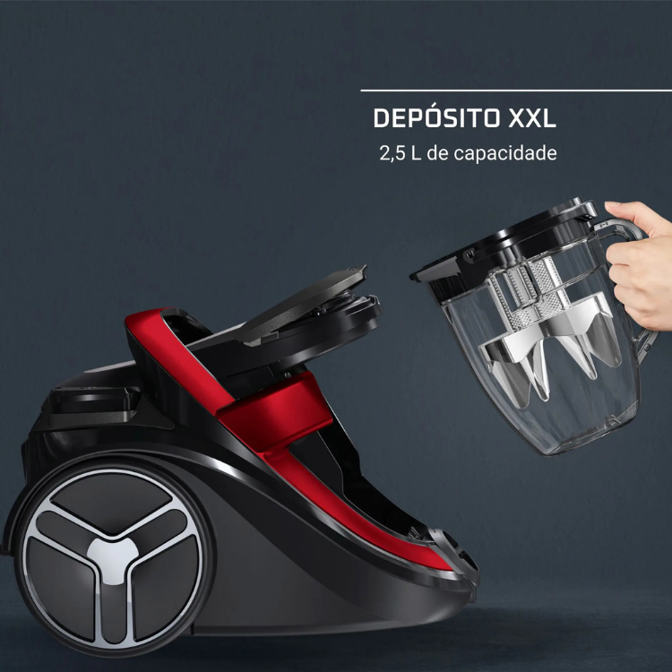 Rowenta Silence Force Cyclonic Effitech vacuum cleaner, black and red, with XXL 2.5L capacity dust container.