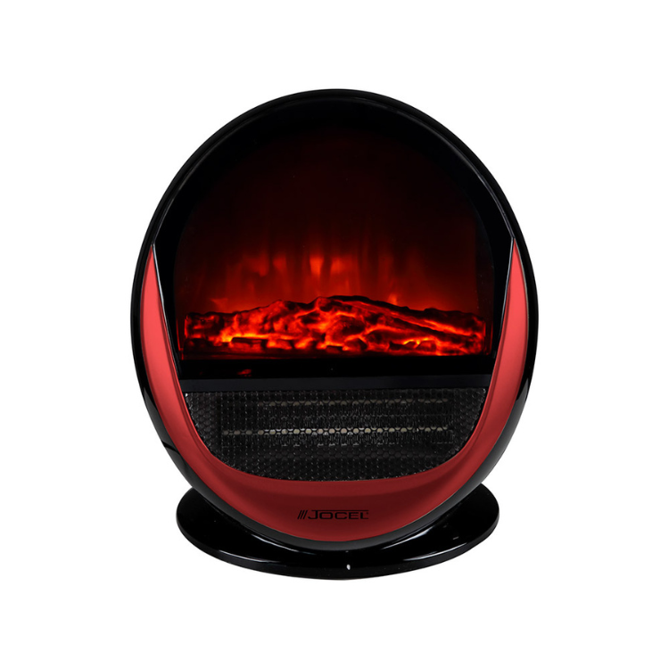 Jocel 1500W electric fireplace, black and red, with realistic flame effect.