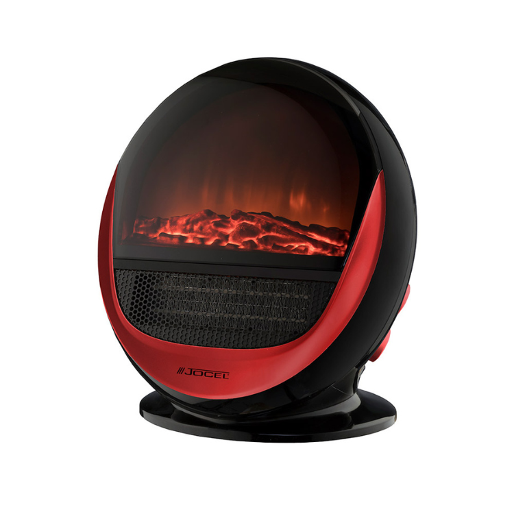 Jocel 1500W electric heater, black and red, with simulated flames.