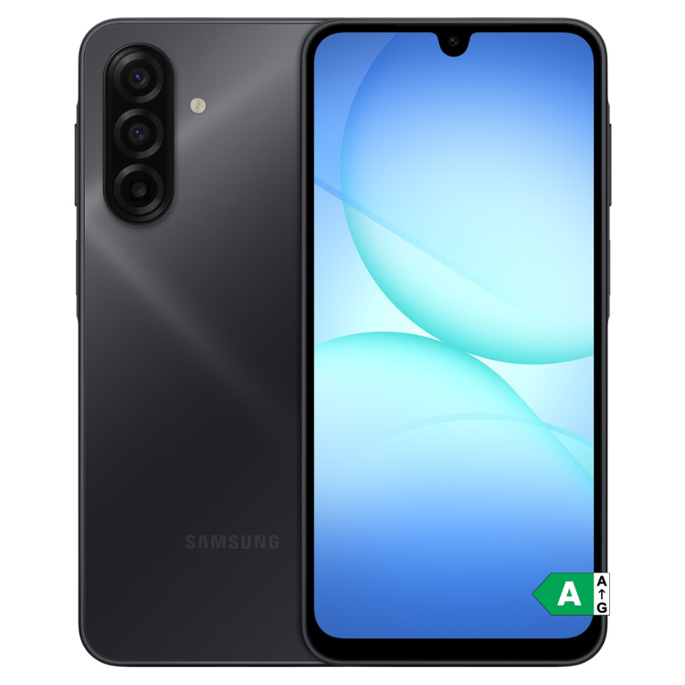 Samsung Galaxy A17 preto, vista frontal e traseira, 6.7 polegadas, 8GB/256GB.