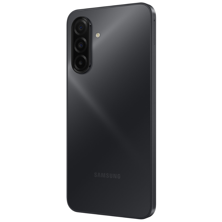 Samsung Galaxy A17 preto, vista traseira com três câmeras verticais à esquerda e logotipo SAMSUNG na parte inferior.