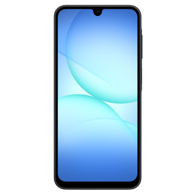 Smartphone Samsung Galaxy A17 preto com ecrã de 6.7 polegadas e wallpaper azul.