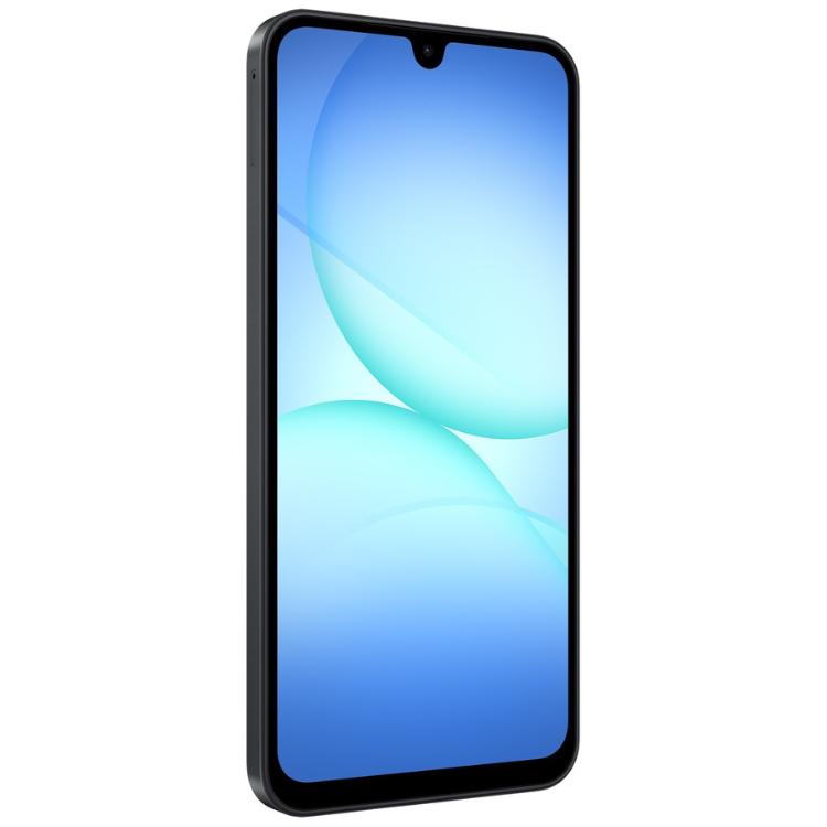 Samsung Galaxy A17, smartphone preto com ecrã de 6.7 polegadas e interface azul.