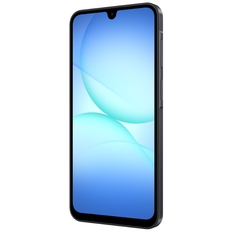Samsung Galaxy A17, smartphone preto com ecrã de 6.7 polegadas e wallpaper azul.