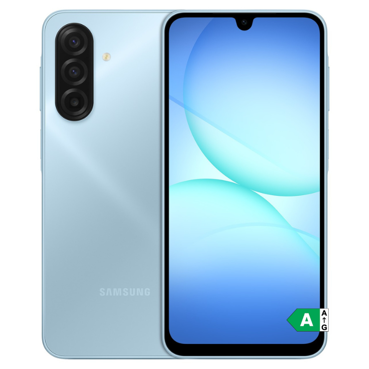 Smartphone Samsung Galaxy A17, azul claro, 4GB/128GB, câmara tripla, ecrã 6.7 polegadas.