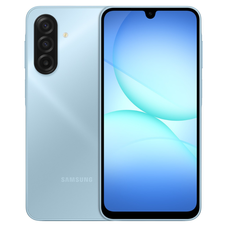 Smartphone Samsung Galaxy A17, azul claro, 4GB/128GB, câmara tripla, ecrã 6.7 polegadas.