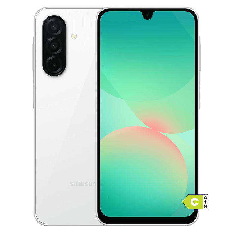 Samsung Galaxy A26 5G branco, smartphone com três câmeras verticais na parte de trás e ecrã colorido.