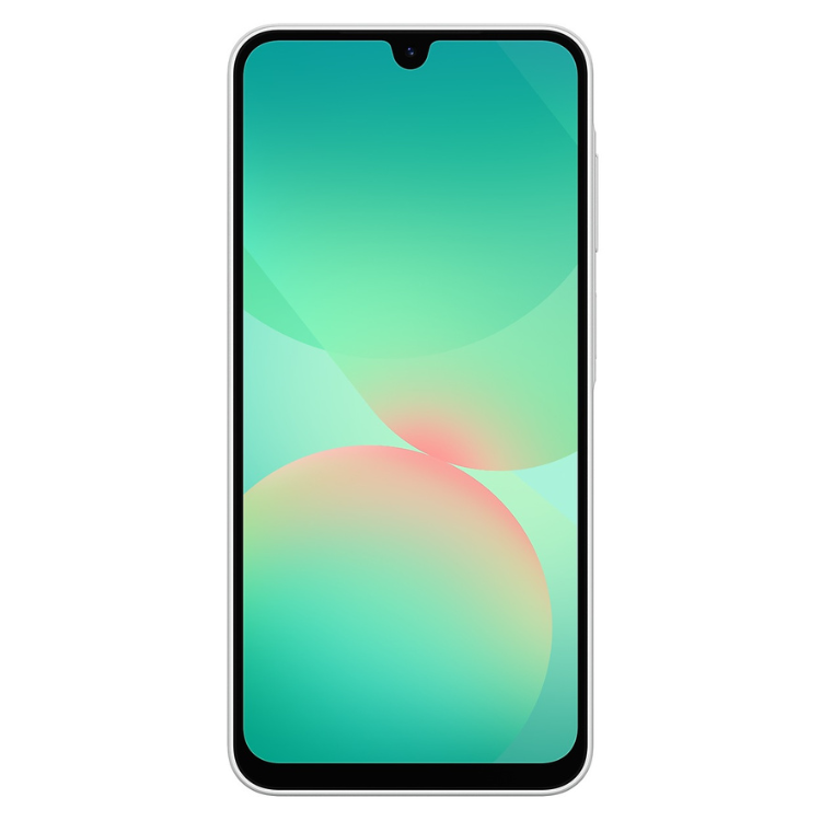 Smartphone Samsung Galaxy A26 5G branco, ecrã colorido com gradiente verde e rosa.