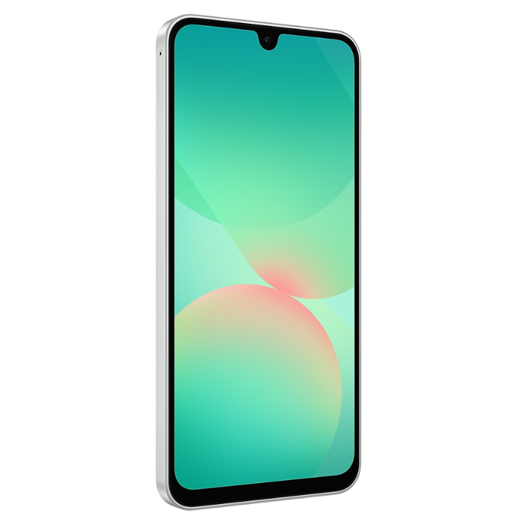 Samsung Galaxy A26 5G branco, smartphone com ecrã de 6.7 polegadas e interface colorida.