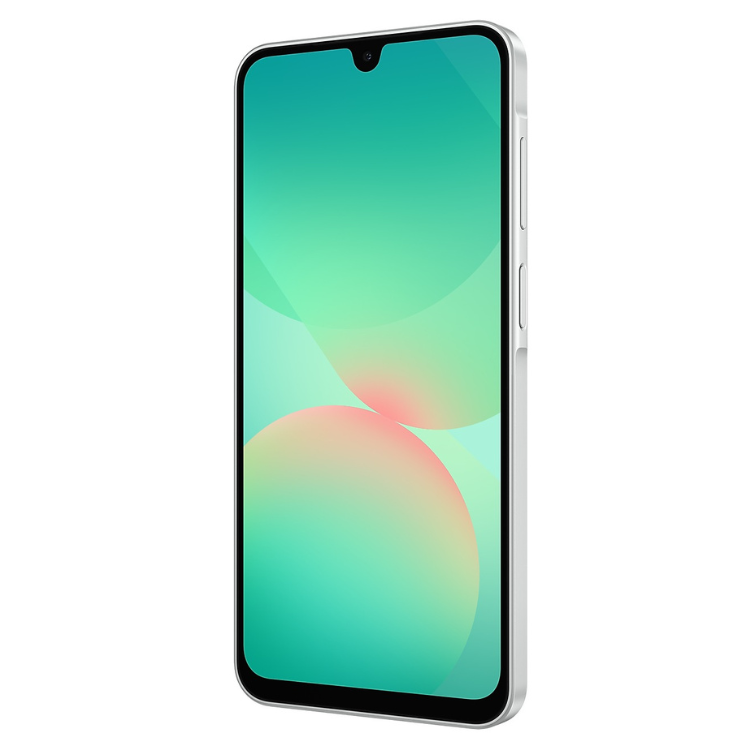 Samsung Galaxy A26 5G branco, smartphone com ecrã de 6.7 polegadas e interface colorida.