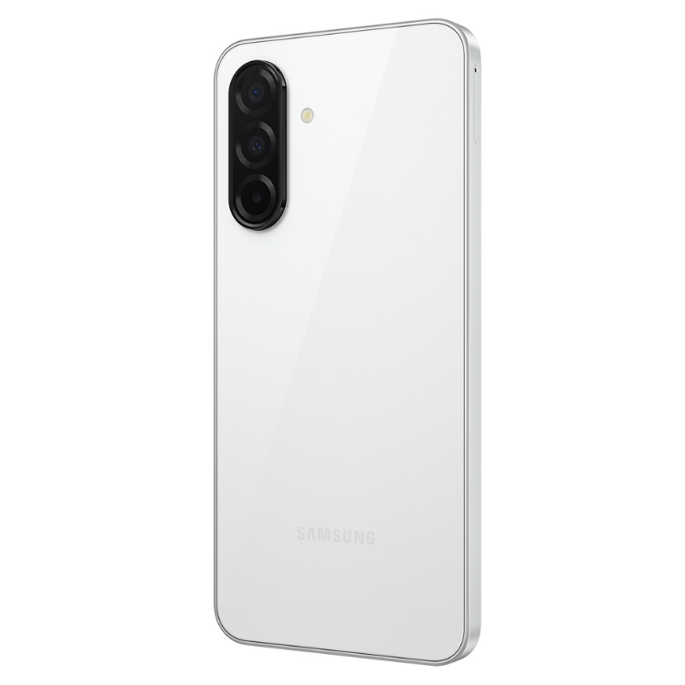 Samsung Galaxy A26 5G branco, smartphone com câmera tripla e marca Samsung na parte inferior.