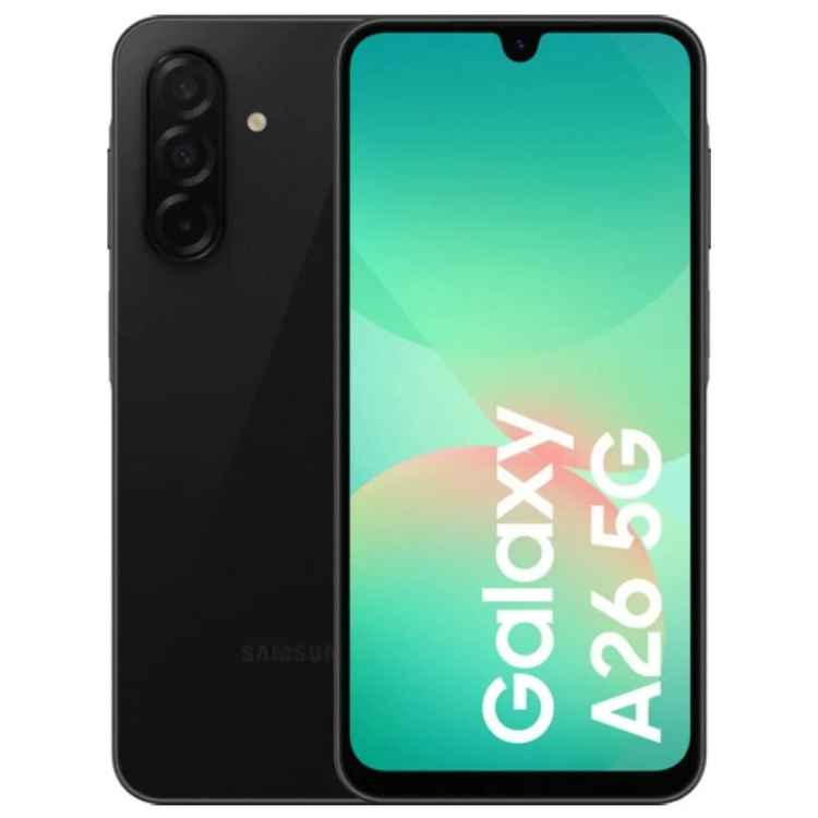 Samsung Galaxy A26 5G preto, 8GB/256GB, câmara tripla e ecrã 6.7” com logótipo Galaxy A26 5G.