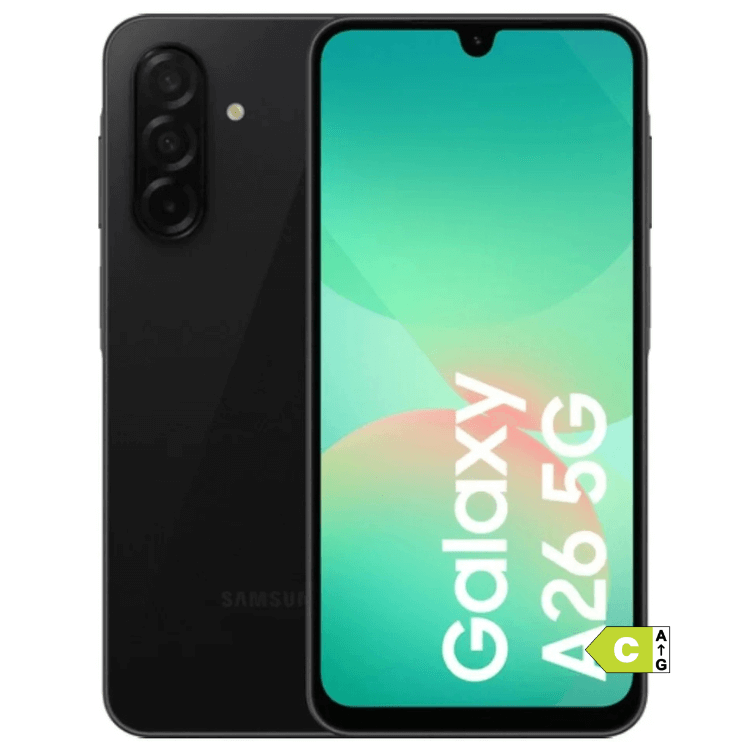 Samsung Galaxy A26 5G preto, 6.7 polegadas, câmara tripla, ecrã ligado.