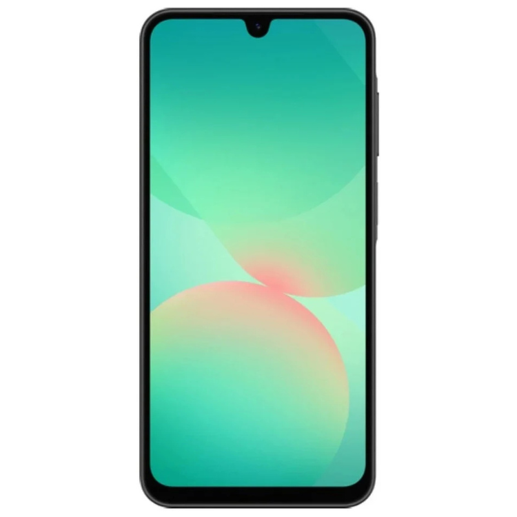 Samsung Galaxy A26 5G, smartphone preto com ecrã de 6.7 polegadas e interface colorida.