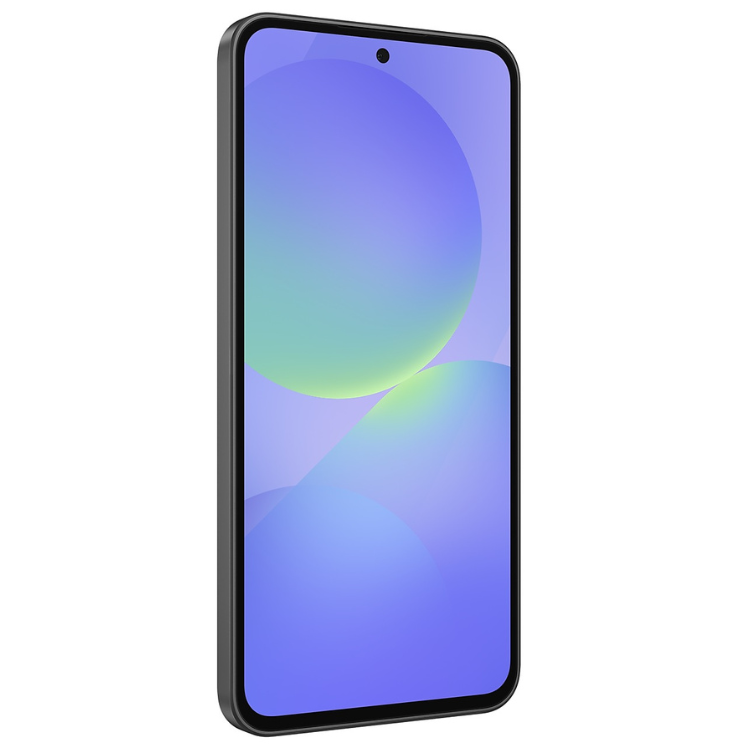 Samsung Galaxy A36 5G preto, smartphone com ecrã de 6.7 polegadas e fundo azul.
