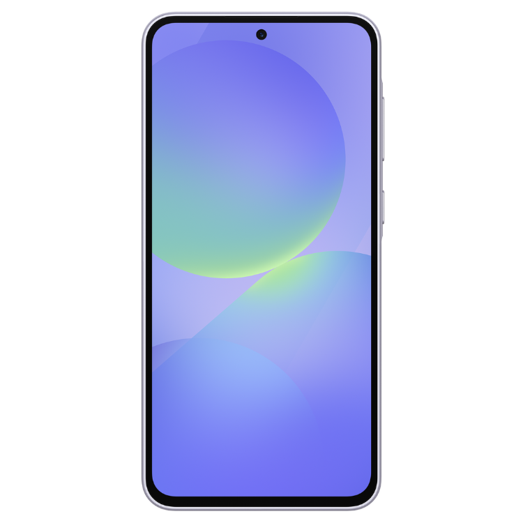 Samsung Galaxy A36 5G, ecrã com tons de azul e verde, cor lavanda.