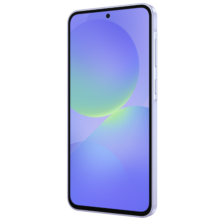 Samsung Galaxy A36 5G, cor lavanda, smartphone com ecrã de tons de azul e verde.