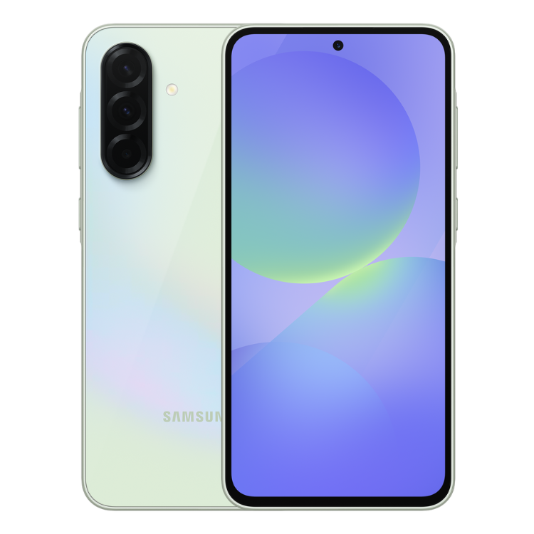 Smartphone Samsung Galaxy A36 5G, cor verde lima, câmaras triplas, ecrã ligado.