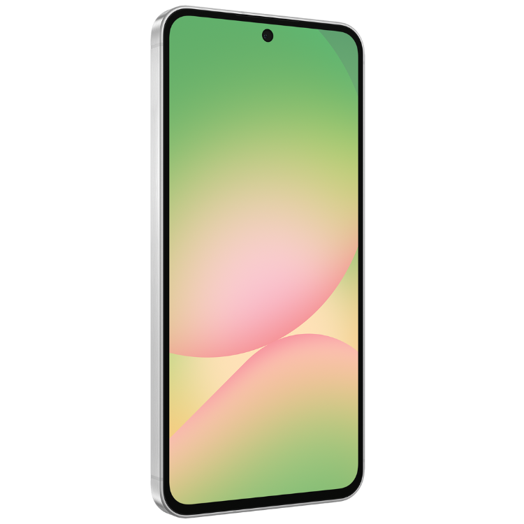 Smartphone Samsung Galaxy A56 5G cinzento, ecrã colorido com tons de verde, rosa e amarelo.