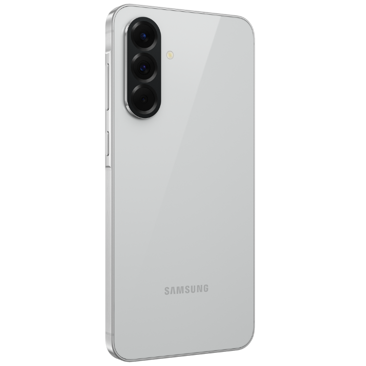 Samsung Galaxy A56 5G, cinzento, smartphone com três câmaras verticais e logotipo SAMSUNG na parte inferior.