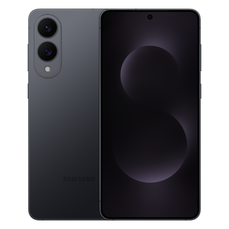 Samsung Galaxy S25 Edge preto com câmera dupla e ecrã escuro.