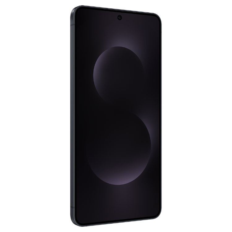 Samsung Galaxy S25 Edge preto com ecrã ligado.