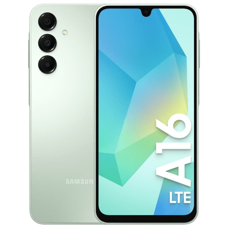 Samsung Galaxy A16 verde, smartphone com ecrã colorido e três câmaras traseiras.