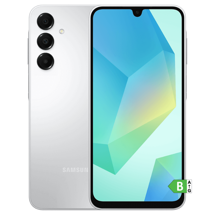 Samsung Galaxy A16 cinzento, smartphone com ecrã tactil colorido, câmaras triplas e logótipo Samsung.