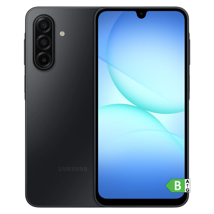 Samsung Galaxy A17 5G preto, smartphone com três câmaras e ecrã ligado.