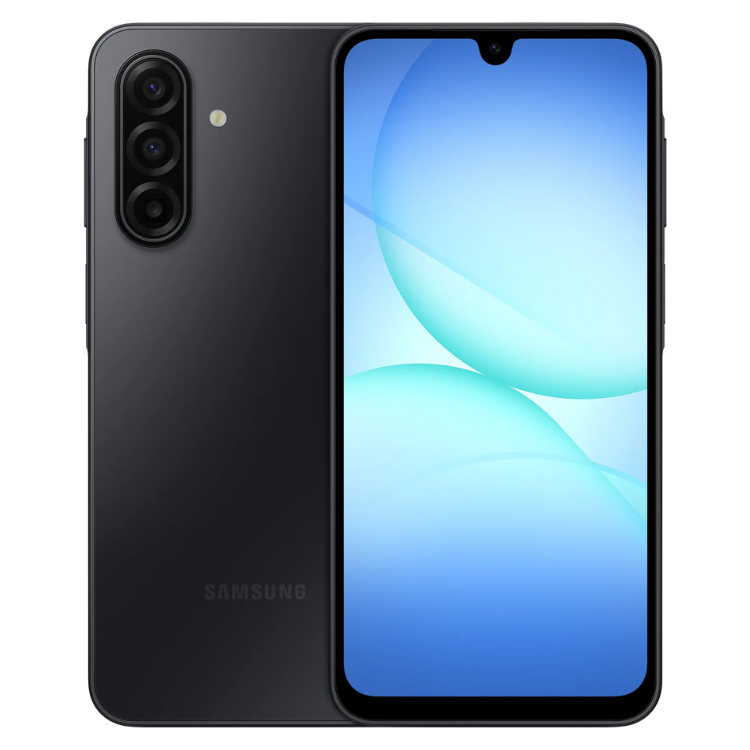 Samsung Galaxy A17 5G preto, smartphone com três câmeras e ecrã azul.