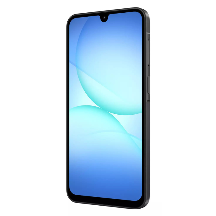 Smartphone Samsung Galaxy A17 5G preto com ecrã azul claro e escuro.