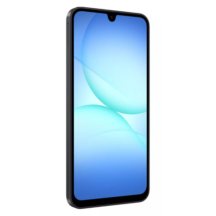 Smartphone Samsung Galaxy A17 5G preto com ecrã azul claro e escuro.