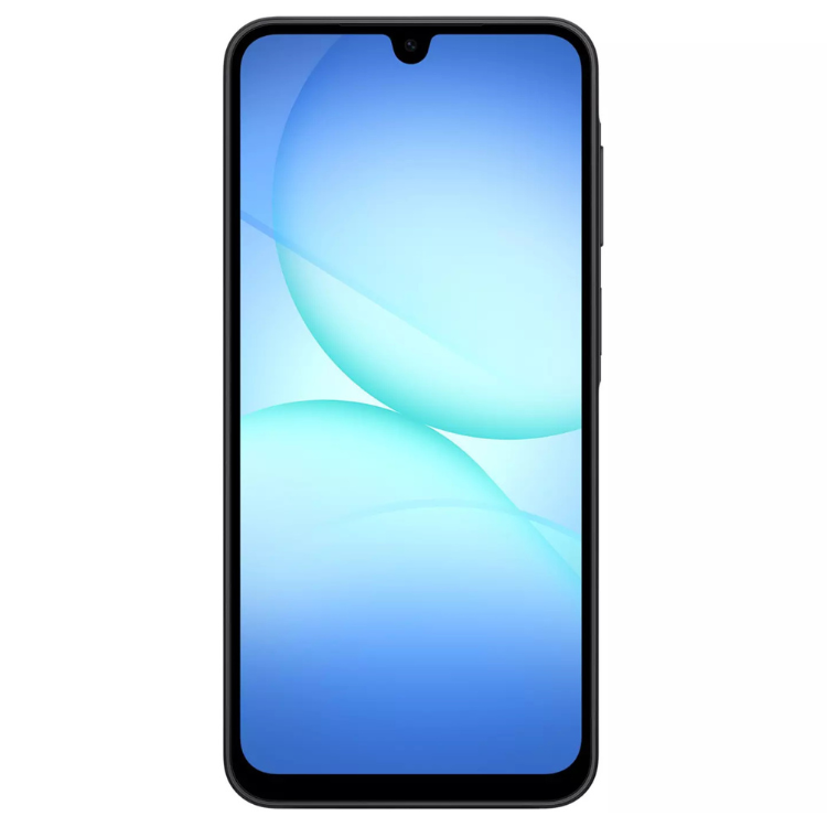 Smartphone Samsung Galaxy A17 5G preto com ecrã azul claro e escuro.