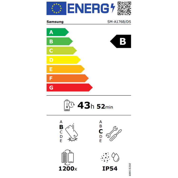 Etiqueta energética do Samsung com classificação B, bateria 43h 52min, zoom 1200x e resistência IP54.