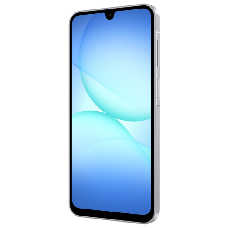 Smartphone Samsung Galaxy A17 5G cinzento, ecrã de 6.7 polegadas com imagem de azul degradado.