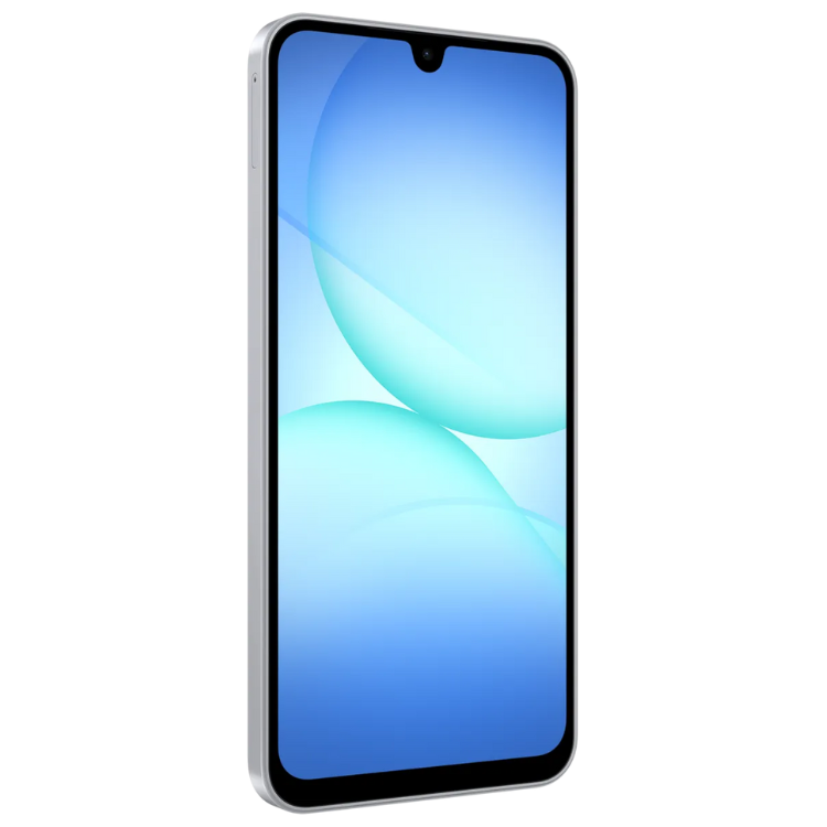 Samsung Galaxy A17 5G cinzento com ecrã de azul degradado.