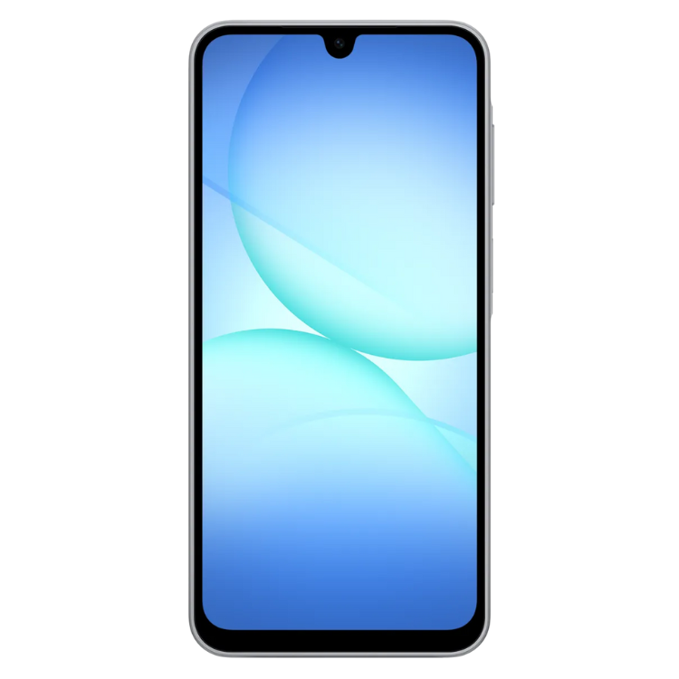 Samsung Galaxy A17 5G cinzento, smartphone com ecrã de 6.7 polegadas e interface azul.