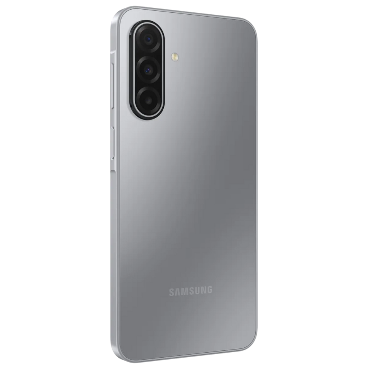 Samsung Galaxy A17 5G cinzento com três câmaras verticais e logotipo SAMSUNG na parte inferior.