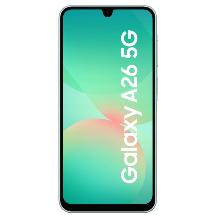 Smartphone Samsung Galaxy A26 5G verde com ecrã ligado.