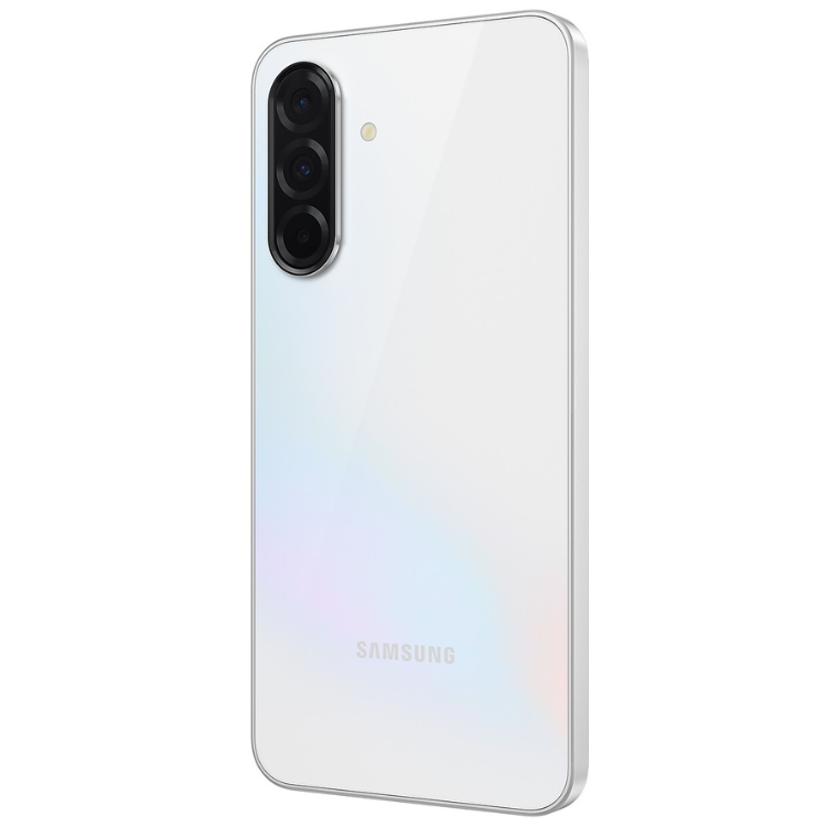 Samsung Galaxy A36 5G branco, telemóvel com três câmaras traseiras.