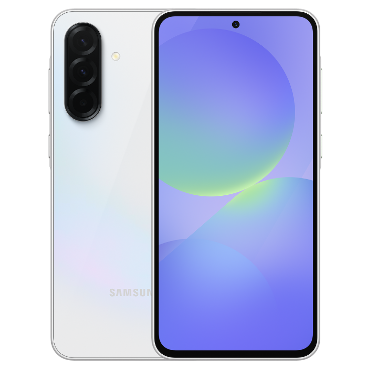Samsung Galaxy A36 5G branco, vista frontal e traseira, com três câmeras e ecrã colorido.