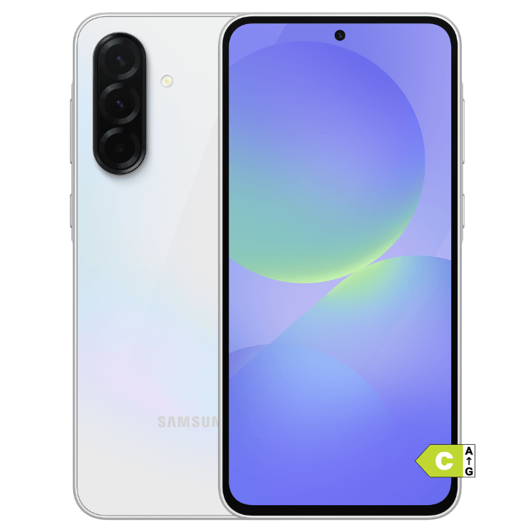 Samsung Galaxy A36 5G branco, smartphone com três câmaras traseiras e ecrã colorido.