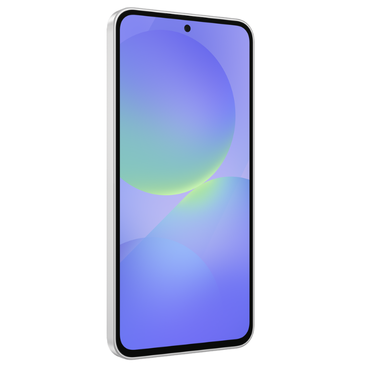 Smartphone Samsung Galaxy A36 5G branco com ecrã de tons de azul e verde.