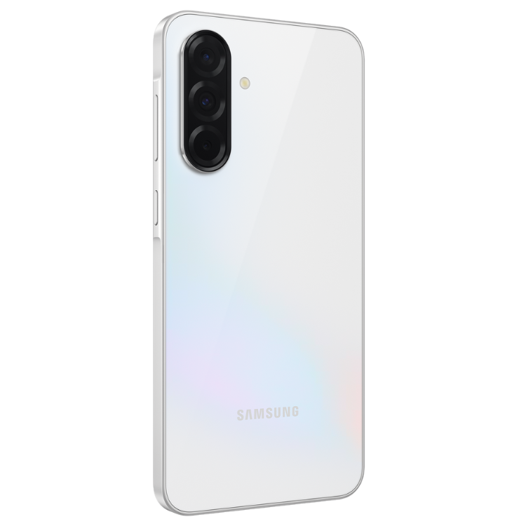 Samsung Galaxy A36 5G branco, com três câmeras verticais e logotipo SAMSUNG na parte inferior.