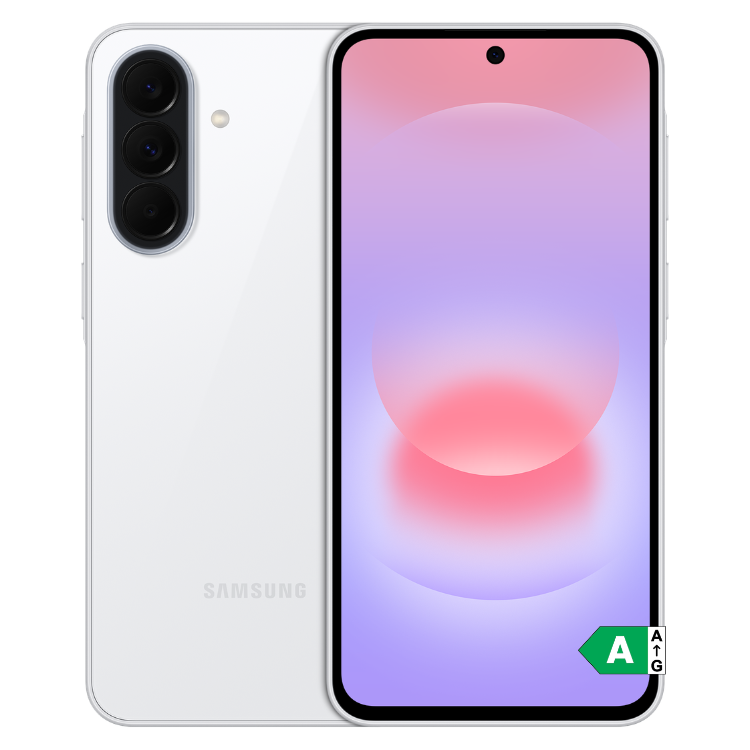 Samsung Galaxy A37 5G branco, com três câmaras na parte de trás e ecrã colorido.