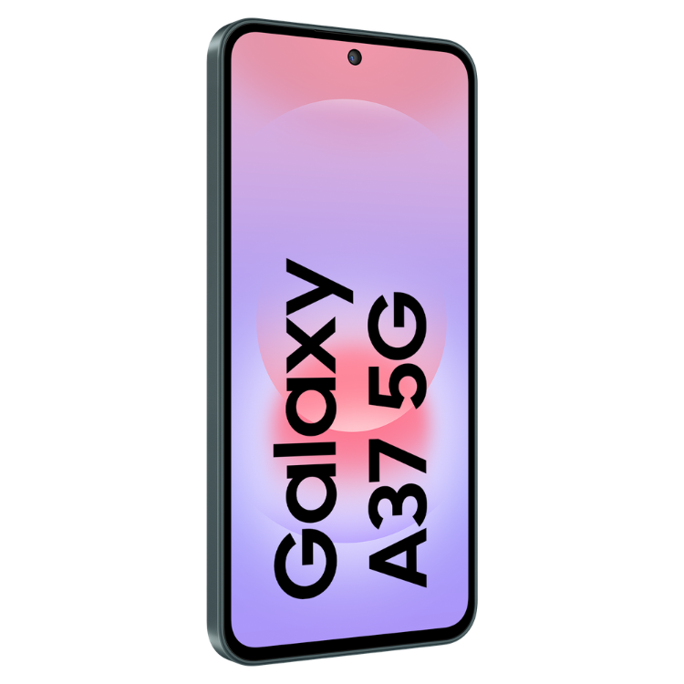 Samsung Galaxy A37 5G, smartphone verde com ecrã roxo e rosa.