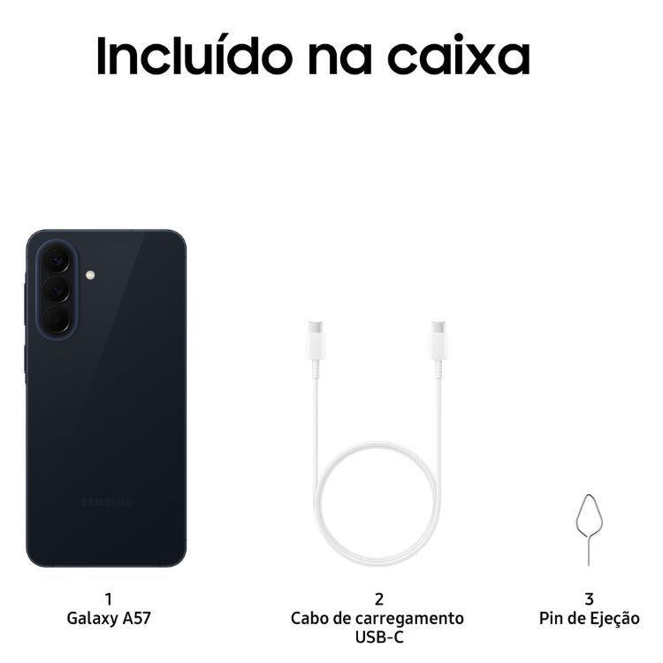 Samsung Galaxy A57 5G, azul escuro, smartphone com câmera tripla e cabo de carregamento USB-C.